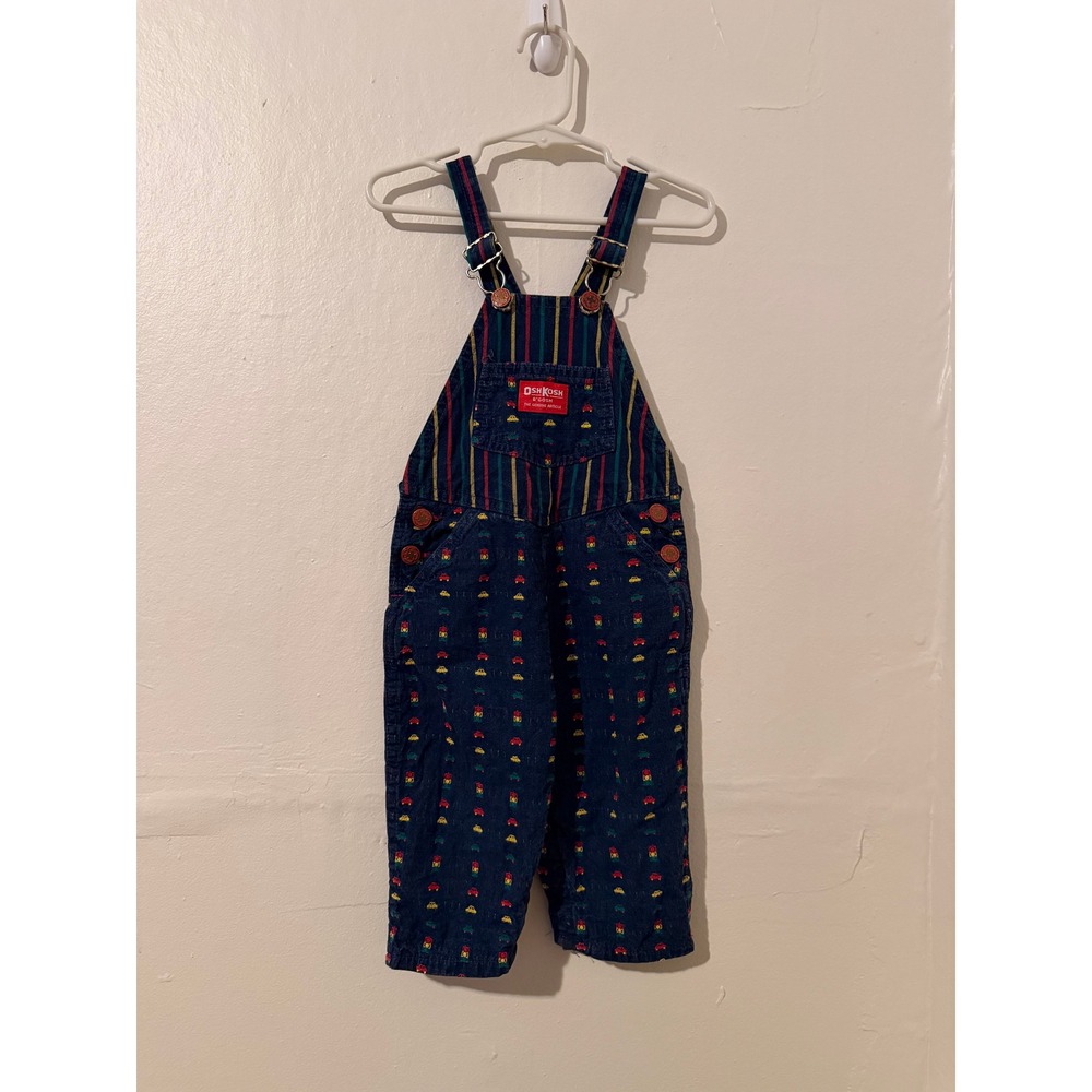 Vintage OshKosh Bgosh Car Embroidered Striped Denim Overalls 24M Blue Red Yellow